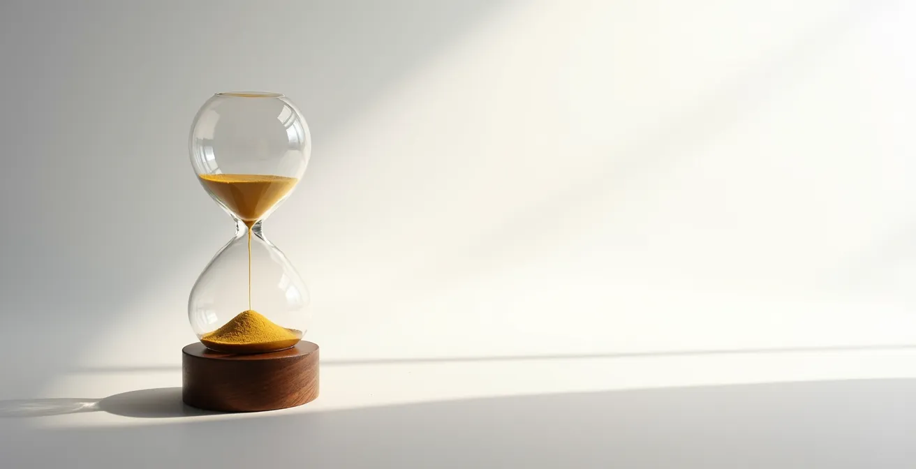Sablier ancien avec sable doré s'écoulant sur surface en bois