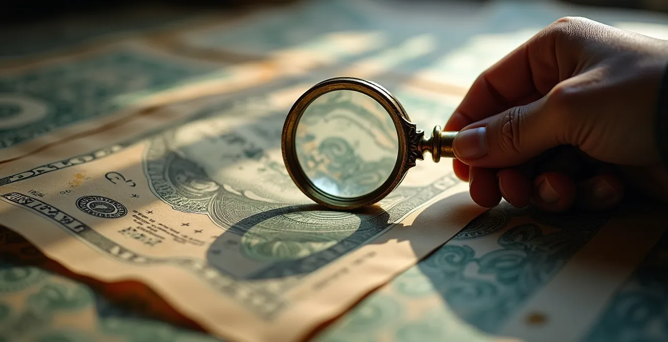 Main tenant une loupe examinant des documents avec des zones floues en arrière-plan