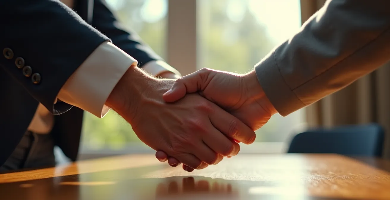 Mains jointes au-dessus d'une table en bois lors d'une médiation
