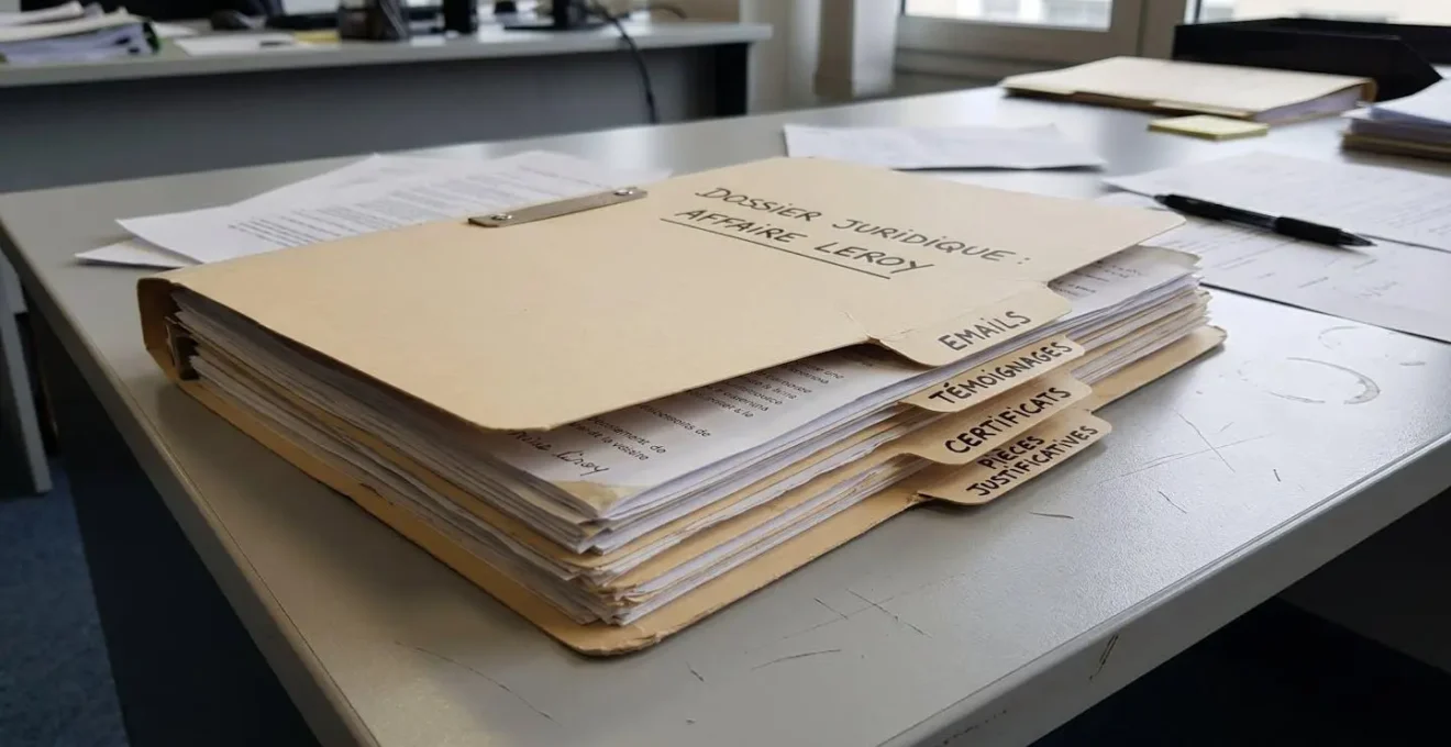 Dossier juridique organisé avec onglets manuscrits classant différents types de preuves sur une surface de bureau contemporaine