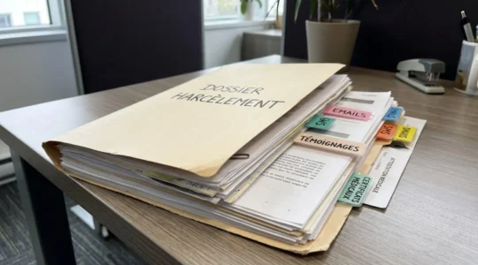 Dossier juridique organisé avec onglets manuscrits classant différents types de preuves sur une surface de bureau contemporaine