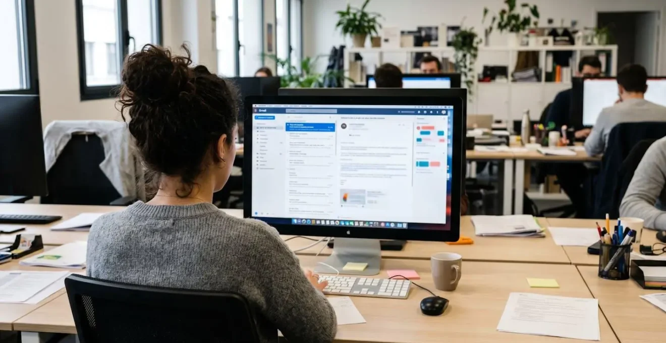 Personne de dos consultant une boîte de réception d'emails professionnels sur un écran d'ordinateur dans un bureau contemporain