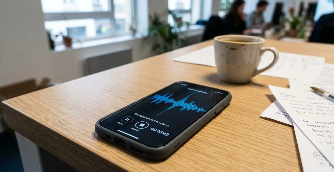 Smartphone contemporain posé sur une surface de bureau avec application d'enregistrement vocal affichée à l'écran