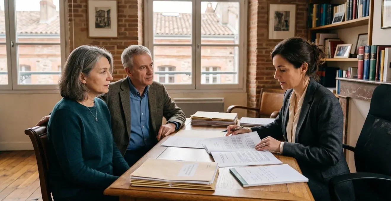 Avocat spécialisé en droit des successions consultant deux héritiers dans un cabinet toulousain