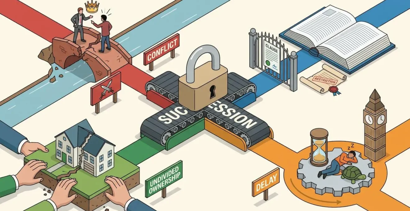 Illustration isométrique des quatre causes principales d'une succession bloquée : conflit, clause, indivision, délai.