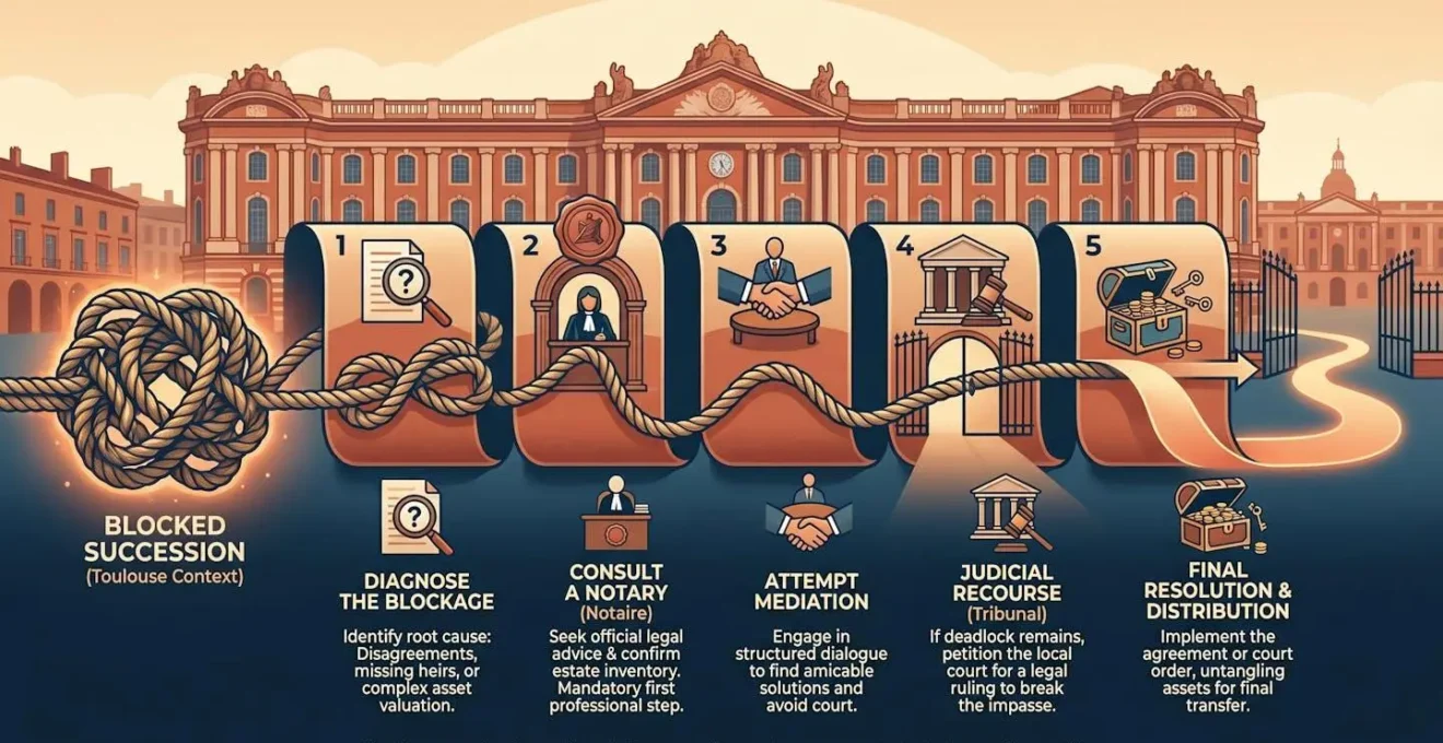 Infographie des cinq étapes pour dénouer une succession bloquée à Toulouse.