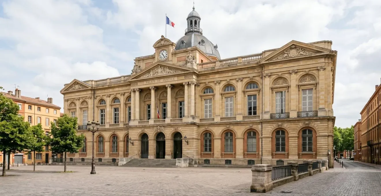 Vue extérieure du Tribunal judiciaire de Toulouse sous un ciel lumineux de midi