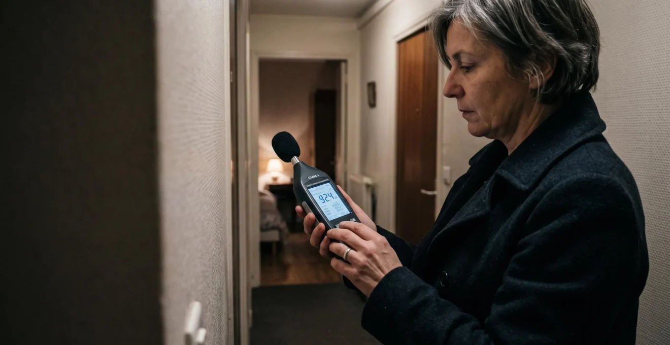 Mains d'un commissaire de justice tenant un sonomètre affichant un niveau de décibels dans un appartement la nuit.